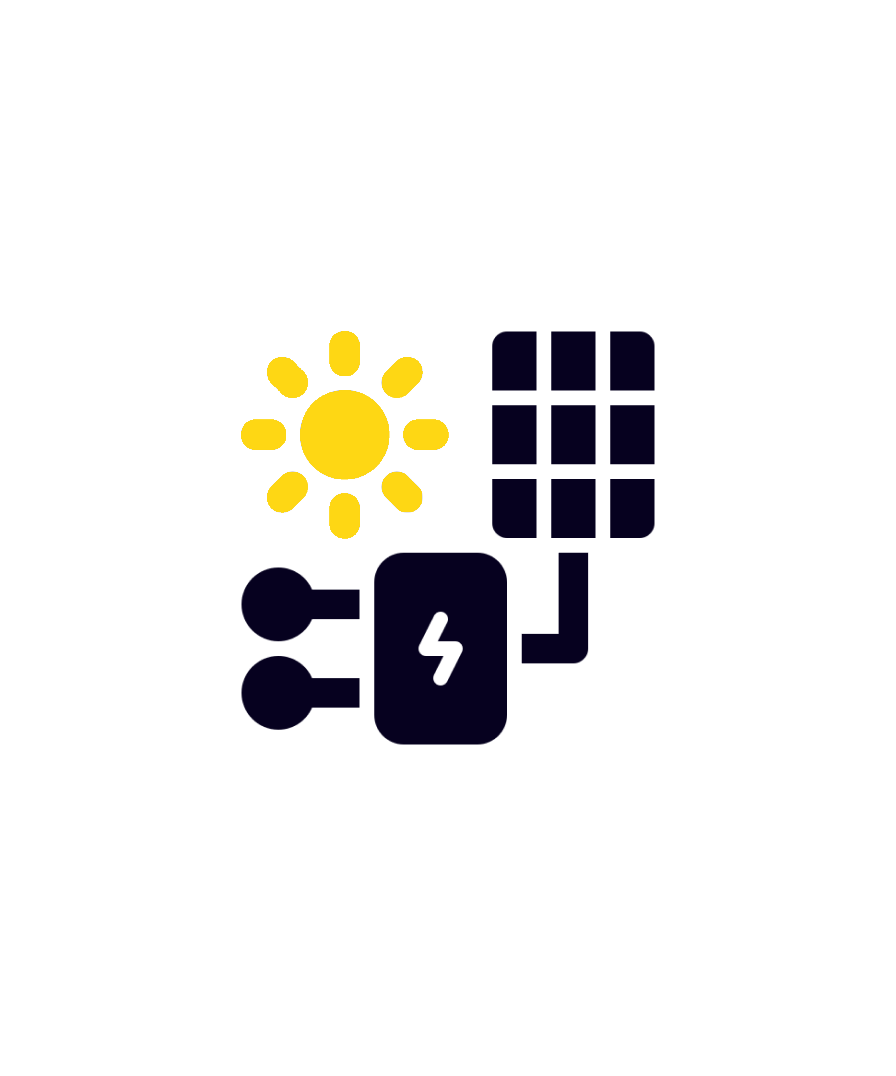 Icon showing solar energy system with sun, panels, and inverter, representing renewable energy generation.