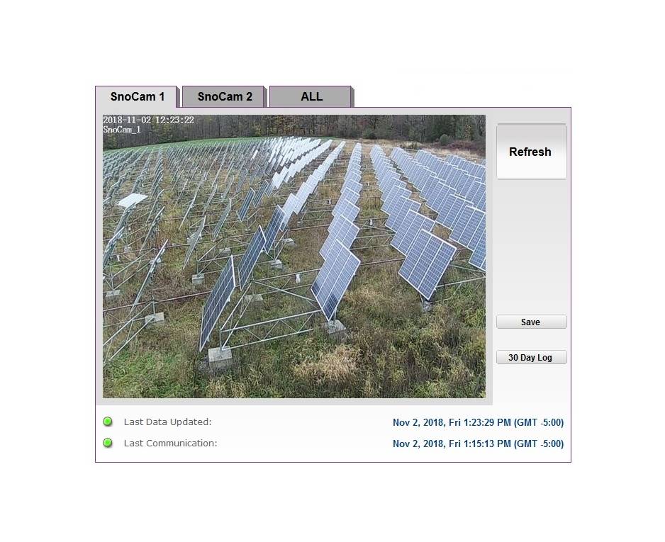 SnoCam™ live solar farm view with PV panel rows, log options, and timestamps for data updates and communication.