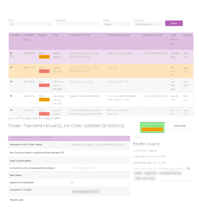 Ticketing system UI showing active tickets with detailed issue and status information.